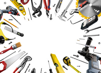 Construction tools levitate on a white background