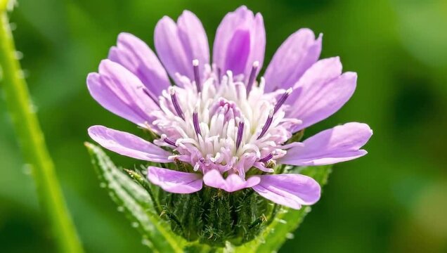 Scabious Blossom in Bloom: A close-up showcases a delicate scabious flower, its intricate petals radiating beauty against a soft green backdrop, evoking the serenity of nature's artistry.