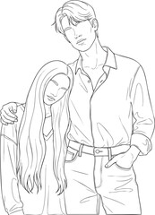 Affectionate young couple in a tender embrace a man holding a woman depicted in a clean black and white line art style.
