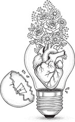 An anatomical heart with a blooming floral bouquet inside a glass light bulb a detailed black and white line art illustration.