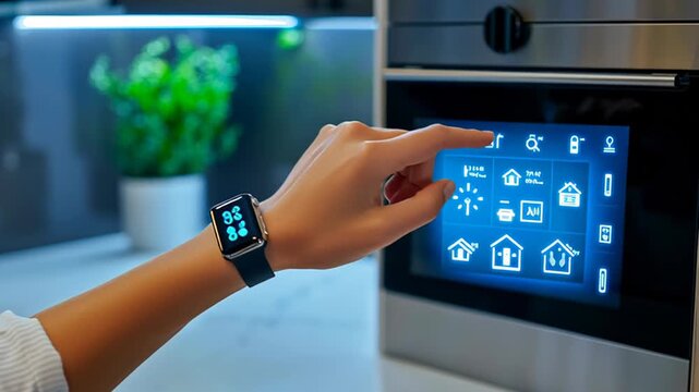 Innovative smart home technology: person using modern touchscreen interface on kitchen appliance