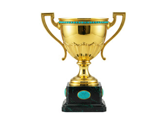 Isolated golden trophy cup with handles and turquoise decorations on the base, prize award
