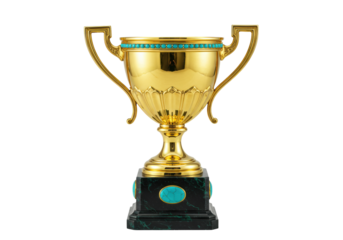 Isolated golden trophy cup with handles and turquoise decorations on the base, prize award