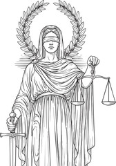 Fototapeta premium Blindfolded Lady Justice in a draped robe holding balanced scales and a sword with a laurel wreath.