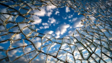 Broken glass shards arranged in a jagged lattice against a bright blue sky with clouds. Concept Abstract glass shard lattice against a bright blue sky