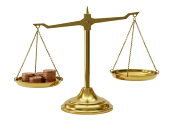 Isolated scales with coins, balancing legal justice, weight of finance and fairness concept