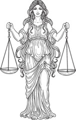 Classical illustration of Lady Justice a serene woman with long hair holding the scales of balance.