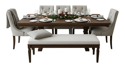 Elegant dining room set with upholstered chairs and bench isolated on transparent background