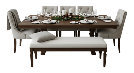 Elegant dining room set with upholstered chairs and bench isolated on transparent background