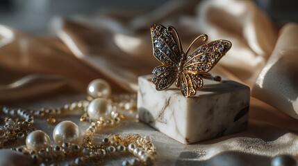 Fototapeta premium Elegant gold butterfly brooch adorned with shimmering crystals rests on a marble pedestal beside a lustrous pearl necklace