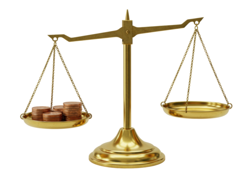 Isolated scales with coins, balancing legal justice, weight of finance and fairness concept