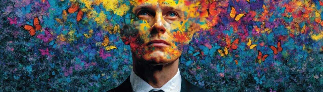Man in a business suit with a blown head concept. A man in a suit with a vibrant explosion of colors above his head.