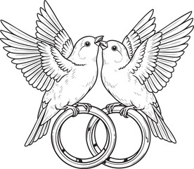 Elegant black and white line art of two lovebirds kissing perched on intertwined wedding rings.