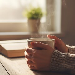 Cozy morning scene with hands holding a warm cup of coffee near window, peaceful relaxation at home. Generative AI.