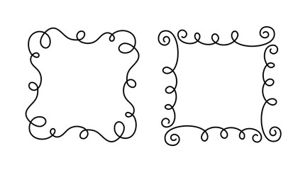 Square doodle frame stamp, hand-drawn wavy curly engagement monograms. Edgings and cadres with simple sketchy scribble swirl design photo decoration old-fashioned greeting elements. Isolated. Vector