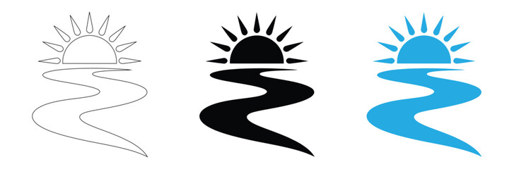 sun and waves Sunrise and field logo design sun rising over mountains and hills Pro Vector,Elegant sunrise over calm water, modern design elements set,editable stroke icons,