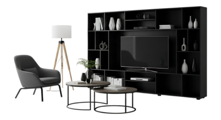 Black modular entertainment unit with television and modern armchair, isolated on transparent background