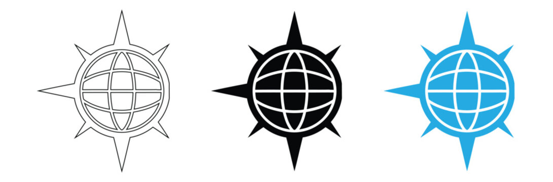 compass with a world logo,The Simple Global Compass Logo,Nautical compass rose globe icon set in black blue outline, editable stroke icons,