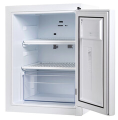 open small freezer or fridge in white color isolated on white background