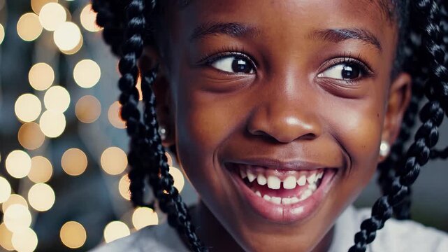 Happy girl smiles joyfully with sparkling lights in background. Child exudes warmth and positivity. Captivating moment captures pure innocence and joy.