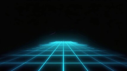An animation featuring a vertical (portrait-oriented) abstract grid or corridor created by glowing blue neon lines receding into the dark distance. - Powered by Adobe
