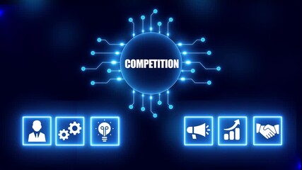 Digital illustration of business competition concept with icons and glowing circuit board on dark blue background - Powered by Adobe