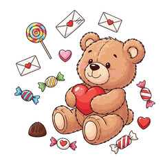 Colorful illustration showing a love bear with candies and romantic notes.