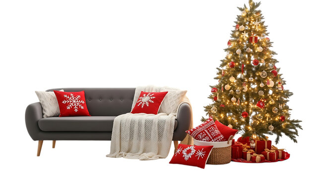 Cozy sofa with christmas tree and gifts, isolated on transparent background - Powered by Adobe