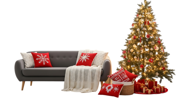 Cozy sofa with christmas tree and gifts, isolated on transparent background