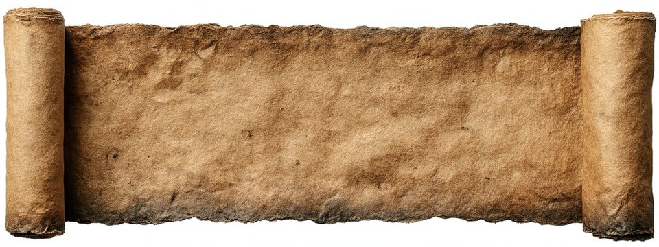 Rotolo di pergamena invecchiato, con bordi irregolari e strappati,  su uno sfondo bianco.