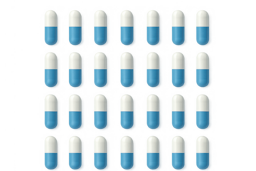 Blue and white capsules arranging in rows, representing medicine, health, and pharmacology with transparent background