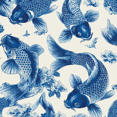 Original seamless pattern of a koi fish, carp in blue and white colors, Chinese new year, Asian festives. Graceful background, wrapping paper, fabric swatch