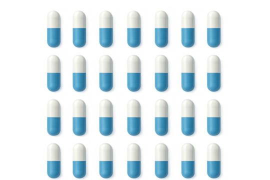 Blue and white capsules arranging in rows, representing medicine, health, and pharmacology with transparent background