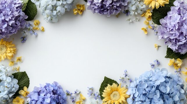 Composizione di fiori di ortensia su sfondo bianco, vista dall'alto. Ampio spazio per testo