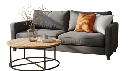 A modern grey sofa with decorative pillows and a round coffee table isolated on transparent background