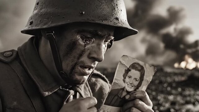 Soldier grimly holding photo of woman during somber wartime battle. Grim and somber military reflection amid explosions. Dramatic war sequence footage video footage video footage