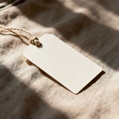 Realistic photo of blank clothing tag tied with string on fabric background, warm daylight, soft shadow, ultra-realistic 8k, perfect for fashion branding or label design showcase.