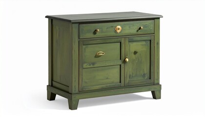 “Vintage green wooden nightstand with two drawers, ornate brass handles, curved legs, distressed finish, isolated on white background”