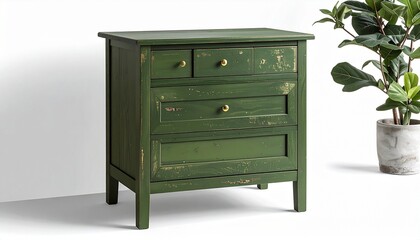 “Vintage green wooden nightstand with two drawers, ornate brass handles, curved legs, distressed finish, isolated on white background”