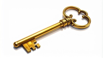 “Ornate golden skeleton key with clover-shaped bow and rectangular bit, long shaft and vintage design, isolated on white background”