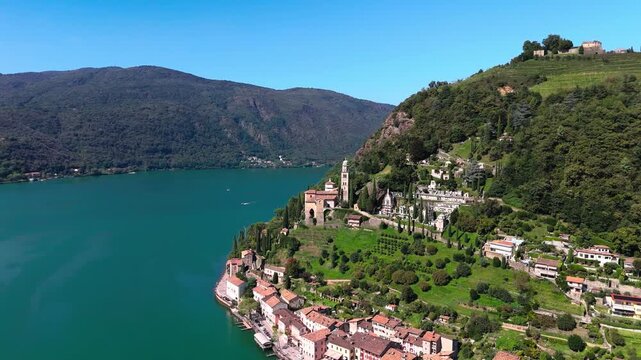 Drone view of Chiesa Santa Maria del Sasso and more, Morcote and more