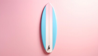 Vertical surfboard with twin blue stripes on pastel pink background, evoking coastal minimalism and retro summer vibes.