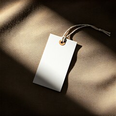 Realistic photo of blank clothing tag tied with string on fabric background, warm daylight, soft shadow, ultra-realistic 8k, perfect for fashion branding or label design showcase.