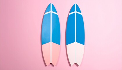 Vertical surfboard with twin blue stripes on pastel pink background, evoking coastal minimalism and retro summer vibes.