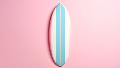 Vertical surfboard with twin blue stripes on pastel pink background, evoking coastal minimalism and retro summer vibes.