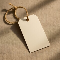 Realistic photo of blank clothing tag tied with string on fabric background, warm daylight, soft shadow, ultra-realistic 8k, perfect for fashion branding or label design showcase.