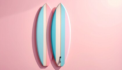 Vertical surfboard with twin blue stripes on pastel pink background, evoking coastal minimalism and retro summer vibes.