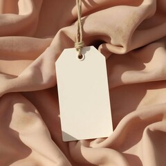 Realistic photo of blank clothing tag tied with string on fabric background, warm daylight, soft shadow, ultra-realistic 8k, perfect for fashion branding or label design showcase.