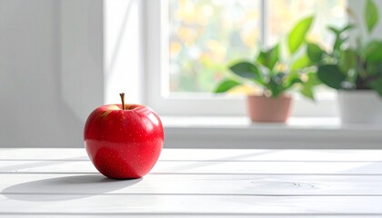 Glossy red apple on white wooden surface with sunlit window and potted plants, evoking freshness, simplicity, and natural calm.