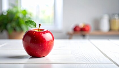 Glossy red apple on white wooden surface with sunlit window and potted plants, evoking freshness, simplicity, and natural calm.